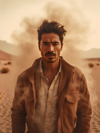 Portrait of a handsome Indian man wearing a brown leather jacket and smoking in the desert.の素材