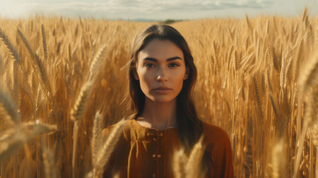 Portrait of a beautiful young woman in a wheat field. Beauty, fashion.の素材