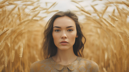 Portrait of a beautiful young woman in a wheat field. Beauty, fashion.の素材