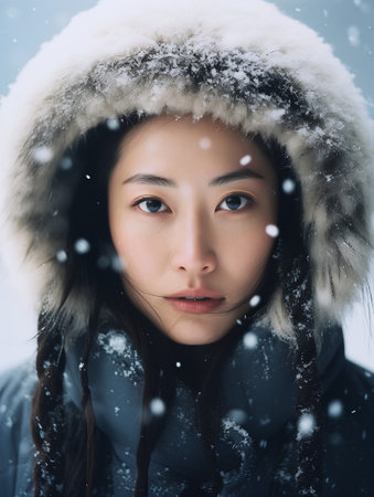 Portrait of beautiful young woman in winter clothes. Snowfall.の素材