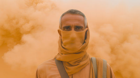 Portrait of an Indian man wearing a face mask against a fireの素材