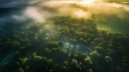 Aerial view of foggy forest at sunrise. Beautiful summer landscapeの素材