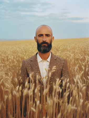 Portrait of a bearded man in a wheat field. Men's beauty, fashion.の素材