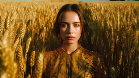 Beautiful young woman in golden wheat field. Beauty, fashion.の素材