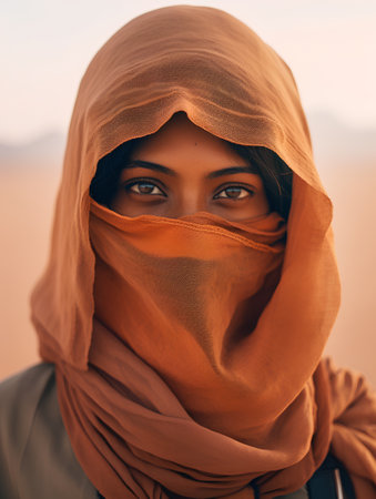 Portrait of a beautiful arabian woman in a veil in the desertの素材
