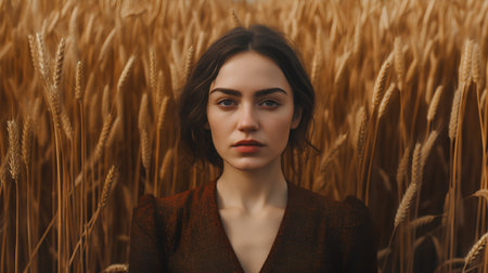 Portrait of a beautiful young brunette woman in a wheat field.の素材