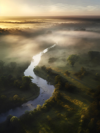 Aerial view of misty river and forest at sunrise. Beautiful summer landscapeの素材