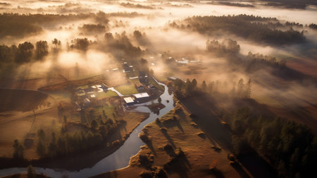 Aerial view of foggy forest and river at sunrise. Beautiful landscapeの素材