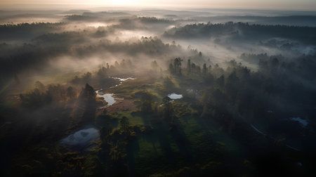 Aerial view of foggy morning in the forest. Beautiful autumn landscape.の素材
