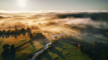 Aerial view of foggy morning in the forest. Beautiful summer landscape.の素材