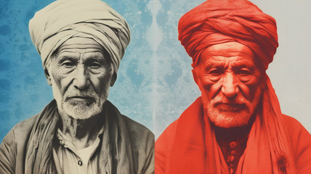 Old man with turban and old man in turban. Photo in old color image style.の素材