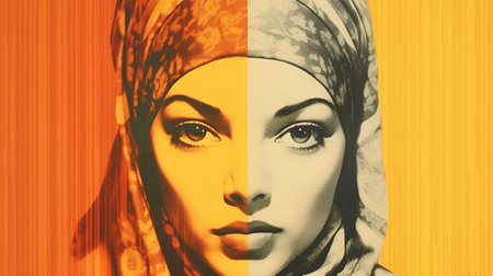 Portrait of a beautiful muslim woman with hijab on color backgroundの素材