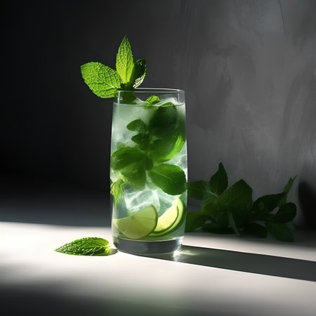 Mojito cocktail with lime, mint and ice on dark backgroundの素材