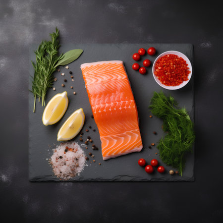 Raw salmon fish fillet with ingredients for cooking on black slate boardの素材