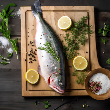 Fresh raw rainbow trout fish with lemon, herbs and spices on wooden cutting board. Top viewの素材