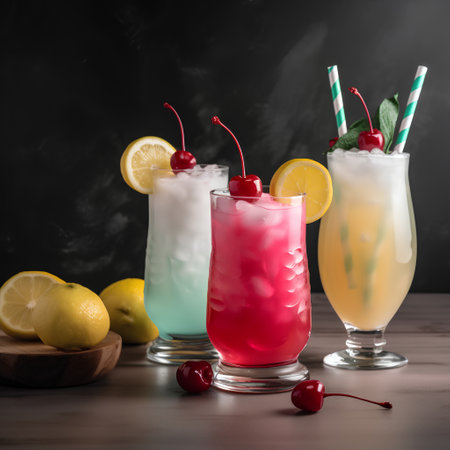 Cocktails with cherry, lemon and ice on a black backgroundの素材