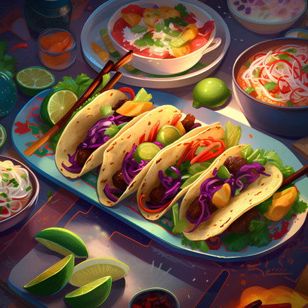 Mexican tacos with guacamole and salsa. Vector illustrationの素材