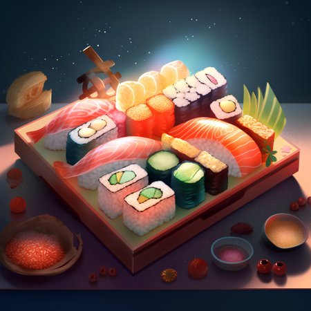 Sushi set with salmon, tuna, eel, caviar, cucumber, avocado, cream cheese and red caviar on wooden tray on dark background. Vector illustrationの素材