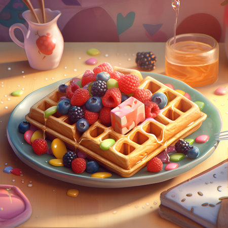 Belgian waffles with fresh berries and honey. 3d illustrationの素材
