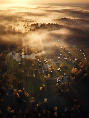 Aerial view of small village in misty forest at sunrise.の素材