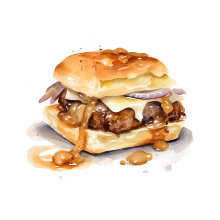 Watercolor illustration of a hamburger with beef, tomato sauce and onionsの素材