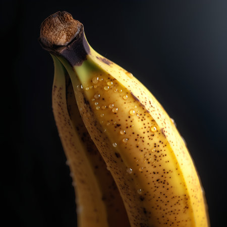 Close up of ripe yellow banana with water drops on black background.の素材