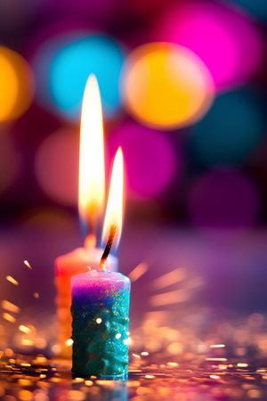 Burning candle with colorful bokeh background, close-upの素材