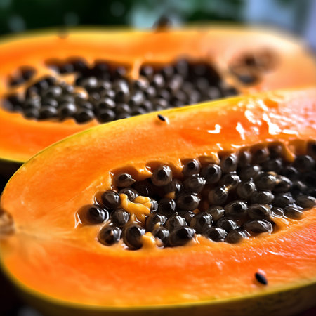 Papaya fruit with seeds close-up, selective focus.の素材