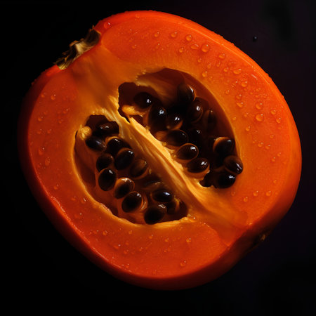 Half of ripe papaya on a black background with water drops.の素材