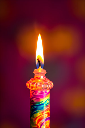 Burning candle on a red background. Close-up. Abstract background.の素材
