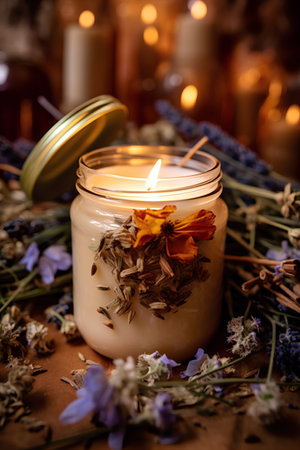 Dry lavender flowers in a glass jar with burning candle.の素材