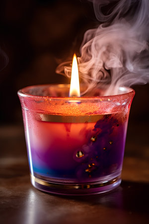 Burning candle in a glass with smoke on a dark background.の素材