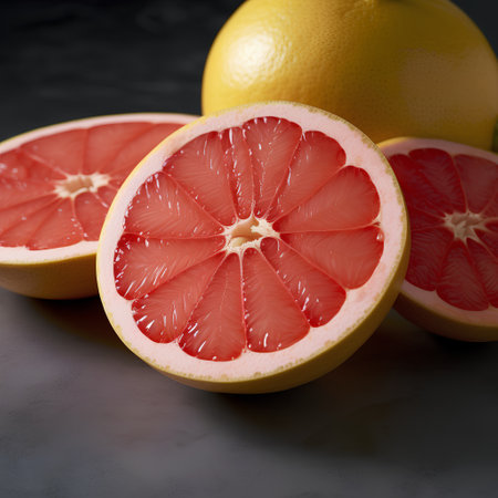Variety of whole and cut grapefruits on dark grey backgroundの素材