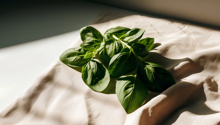 Fresh basil leaves on white table. Minimal healthy food concept.の素材