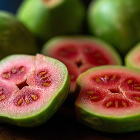 Fresh guava fruit on wooden background. Selective focus. Shallow depth of field.の素材
