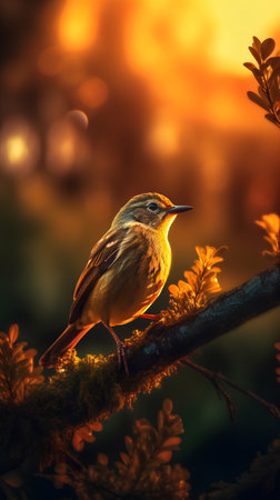 beautiful bird on a branch in the autumn forest at sunset.の素材
