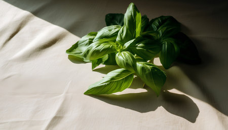 Fresh green basil leaves on white linen tablecloth with shadows and sunlightの素材