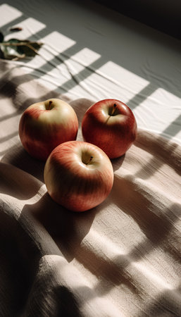 Three red apples on a light background with shadows from a window.の素材