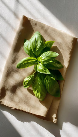 Fresh basil leaves on linen napkin. Flat lay, top viewの素材