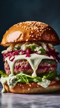 Big hamburger with beef patty, onion, pickled cucumber, arugula and mayonnaiseの素材