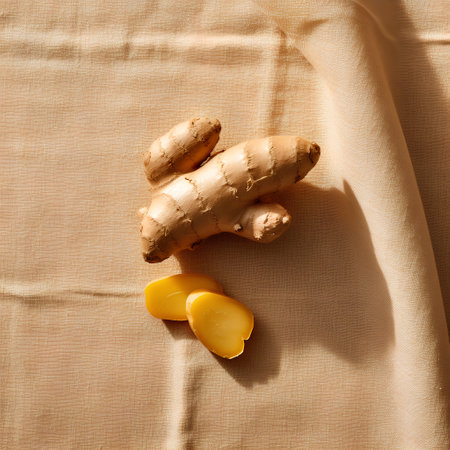 Photo for Fresh ginger root and slices on linen cloth. Flat lay, top view - Royalty Free Image