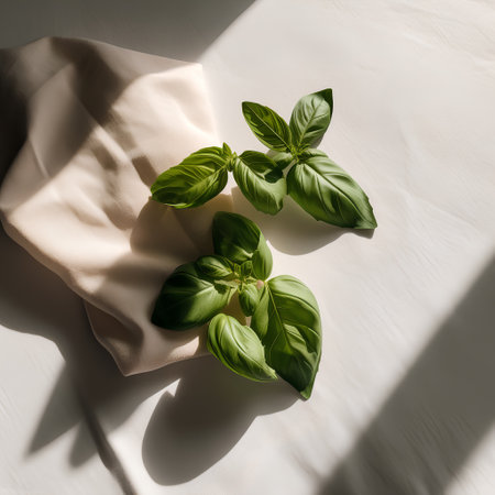 Fresh green basil leaves on white tablecloth. Flat lay, top viewの素材