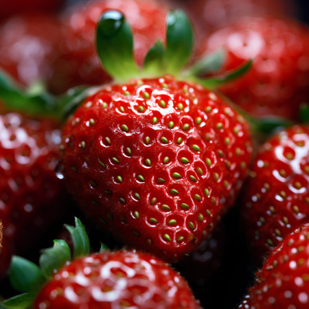 Close-up of fresh ripe red strawberries with water drops on them.の素材