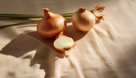 onions on a beige background, still life, food photoの素材