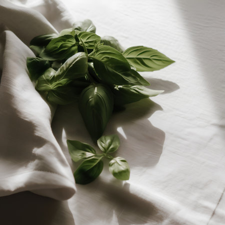 Fresh basil leaves on white fabric background. Selective focus. Toned.の素材