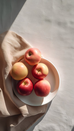 Red apples on a white plate with a beige linen napkin.の素材