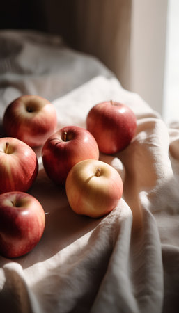 Red apples on a white linen tablecloth. Selective focus.の素材