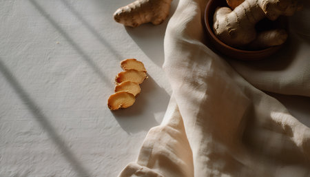 Fresh ginger root in a wooden bowl on a white background. Selective focus.の素材