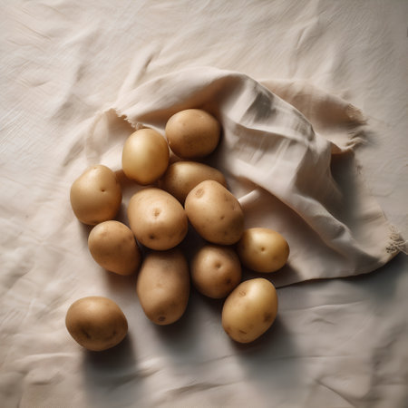 Potatoes on linen tablecloth. Top view. Toned.の素材