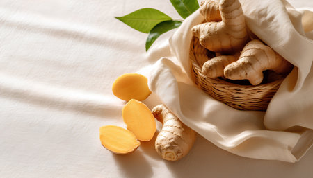 Fresh ginger root in a wicker basket on a light background.の素材